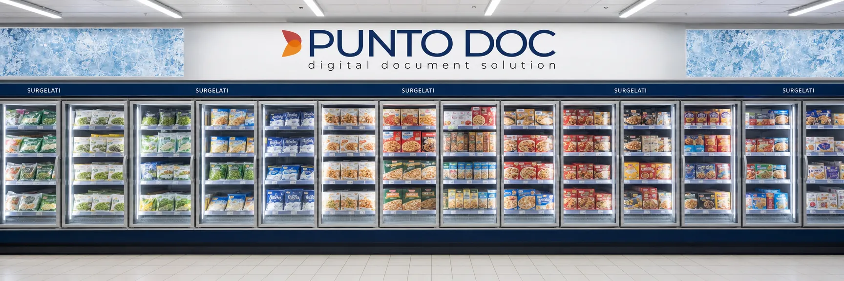 Reparto surgelati Punto Doc: metafora della gestione documentale — documenti archiviati, etichettati e conservati a norma come prodotti surgelati ordinati negli scaffali refrigerati